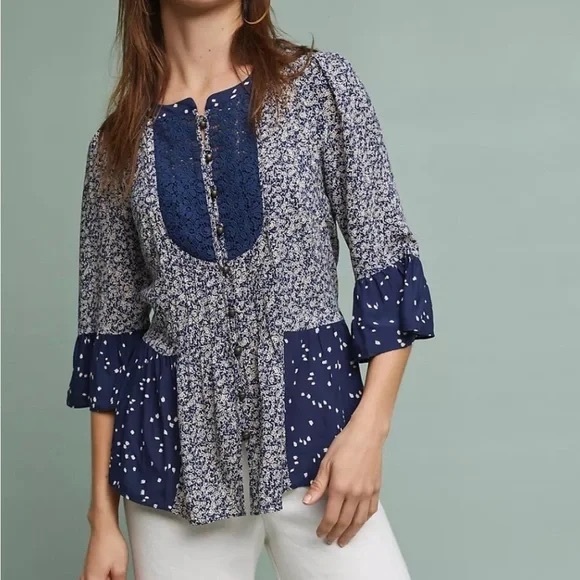 Anthropology Maeve Blue Hiver 3/4th Bell Sleeve Button Lace Front Blouse 2 - Picture 3 of 10